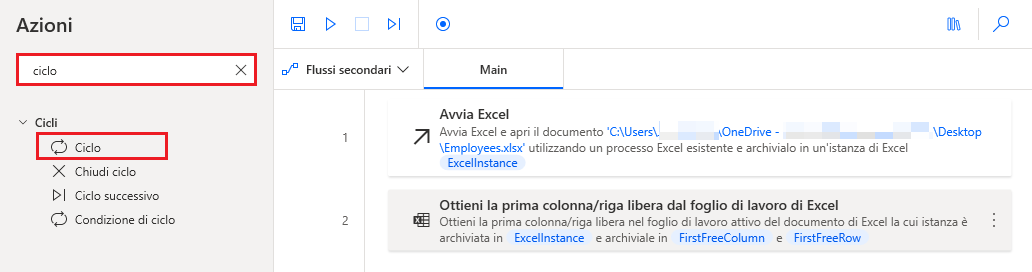 Screenshot dell'azione Ciclo nei risultati della ricerca in Power Automate per desktop.