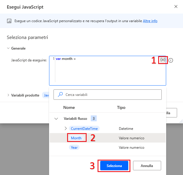 Screenshot dell'azione Aggiungi Month di Esegui JavaScript di Power Automate per desktop.