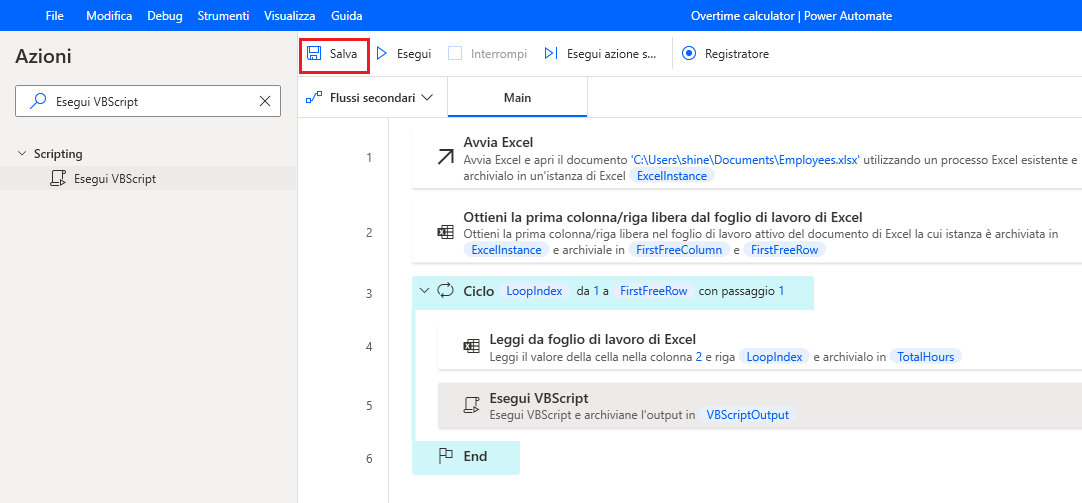 Screenshot del pulsante per salvare il flusso.