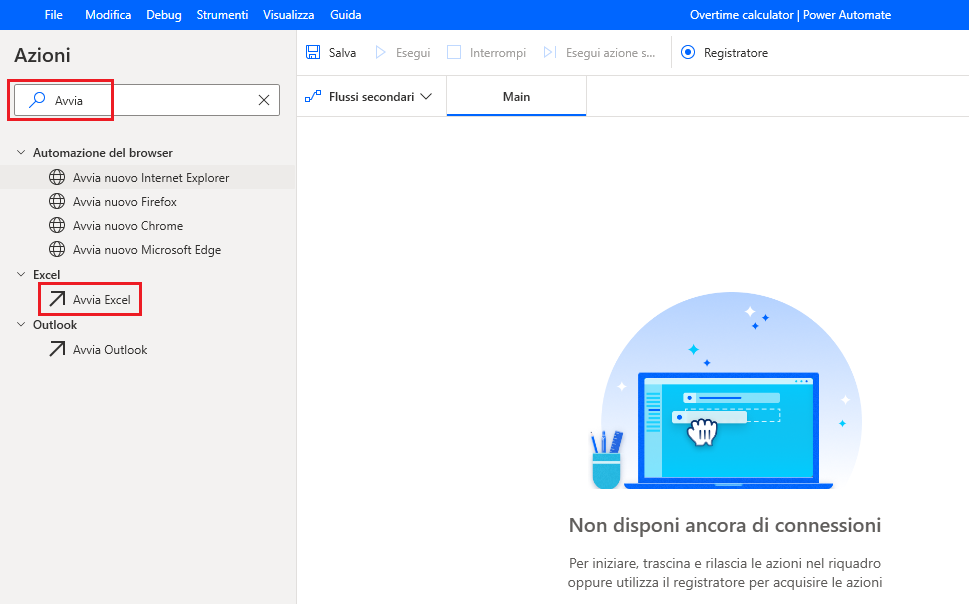 Cercare avvio In Azioni.