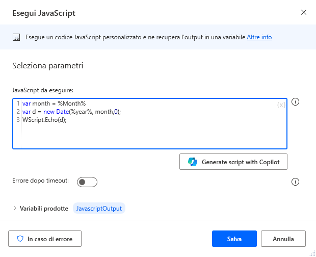 Screenshot dei parametri dell'azione Esegui JavaScript di Power Automate per desktop.