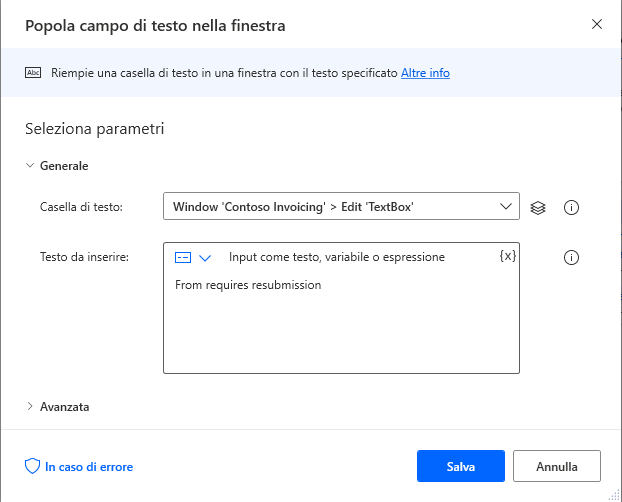 Screenshot dell'azione Popola campo di testo nella finestra.