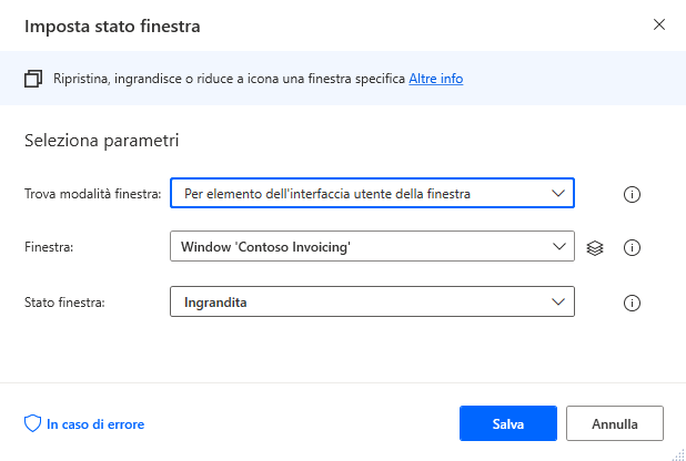 Screenshot dell'azione Imposta stato finestra.