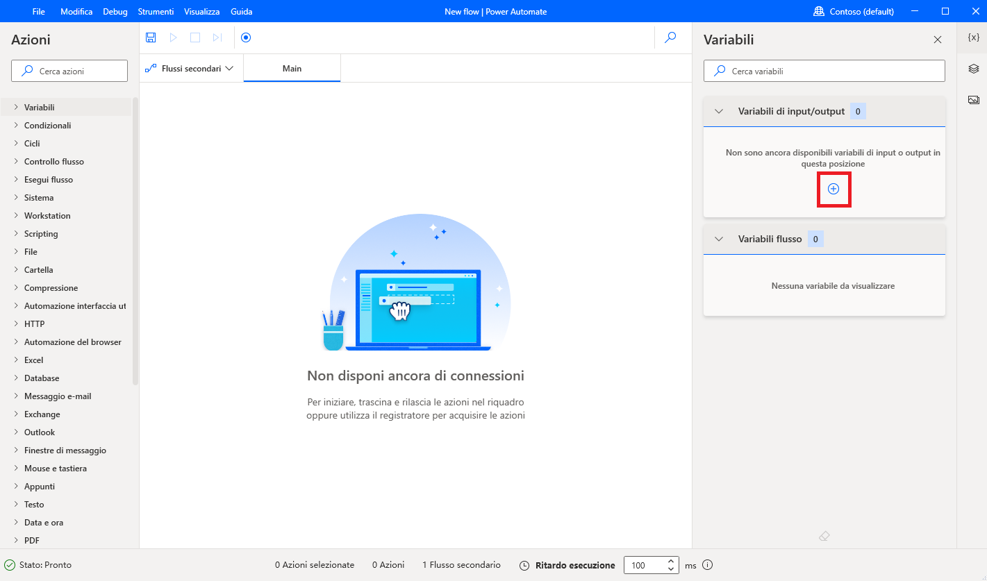 Screenshot del pulsante per aggiungere una nuova variabile di input o output.