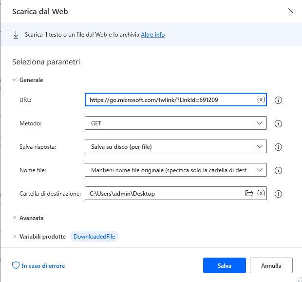 Screenshot dell'azione Scarica dal Web.