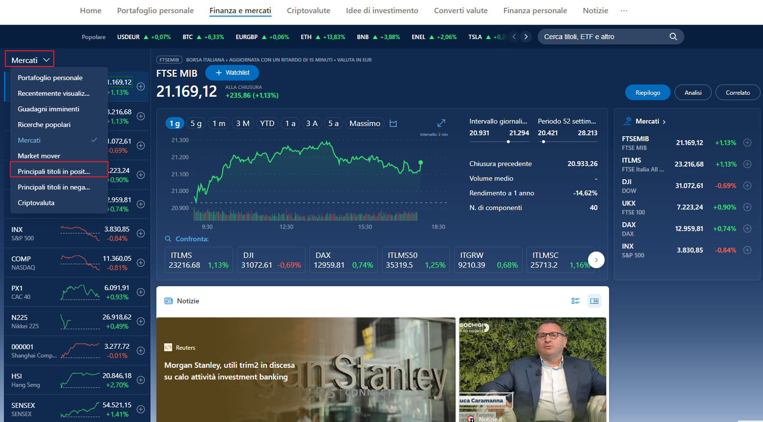 Screenshot della seconda azione Fai clic su una pagina Web mentre si fa clic sul collegamento Migliori in Finanza e mercati.