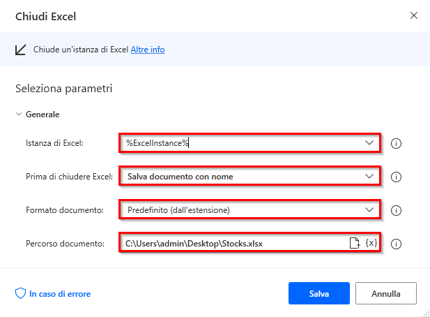 Screenshot della finestra di dialogo dell'azione Chiudi Excel.