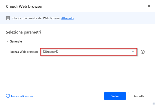 Screenshot dell'azione Chiudi Web browser.