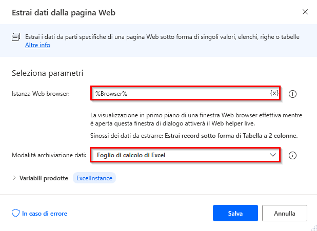 Screenshot dell'azione Estrai dati dalla pagina Web.