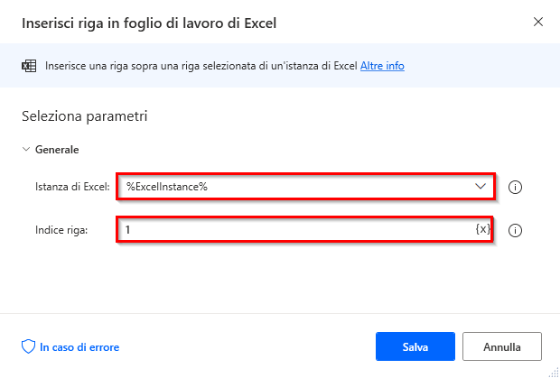 Screenshot dell'azione Inserisci riga in foglio di lavoro di Excel.