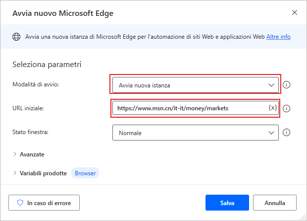 Screenshot dell'azione Avvia nuovo Edge.