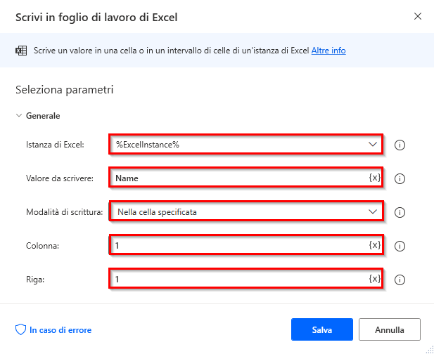 Screenshot della prima azione Scrivi in foglio di lavoro di Excel per scrivere l'intestazione del nome.