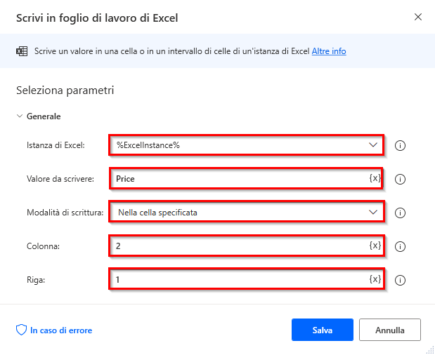 Screenshot della seconda azione Scrivi in foglio di lavoro di Excel per scrivere l'intestazione del prezzo.