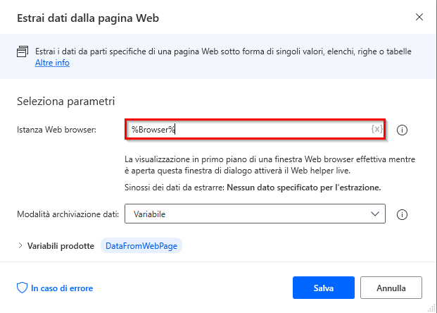 Screenshot dell'azione Estrai dati dalla pagina Web.