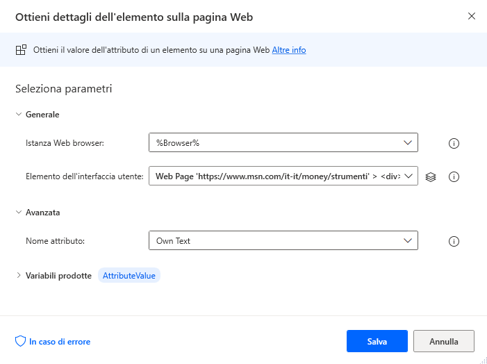 Screenshot dell'azione Ottieni dettagli dell'elemento sulla pagina Web.