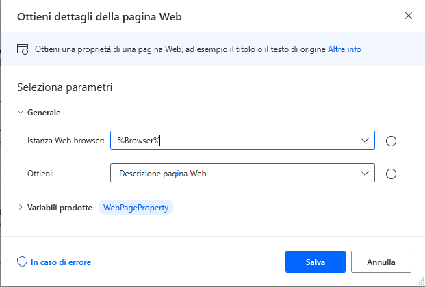 Screenshot dell'azione Ottieni dettagli della pagina Web.