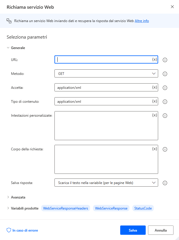 Screenshot dell'azione Richiama servizio Web.