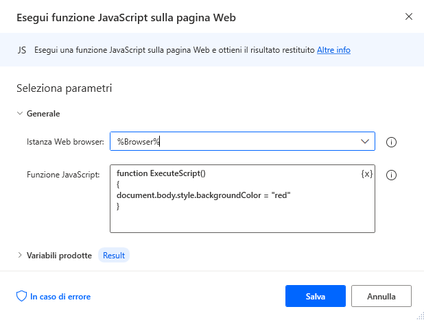Screenshot dell'azione Esegui funzione JavaScript sulla pagina Web.
