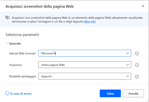 Screenshot dell'azione Acquisisci screenshot della pagina Web.