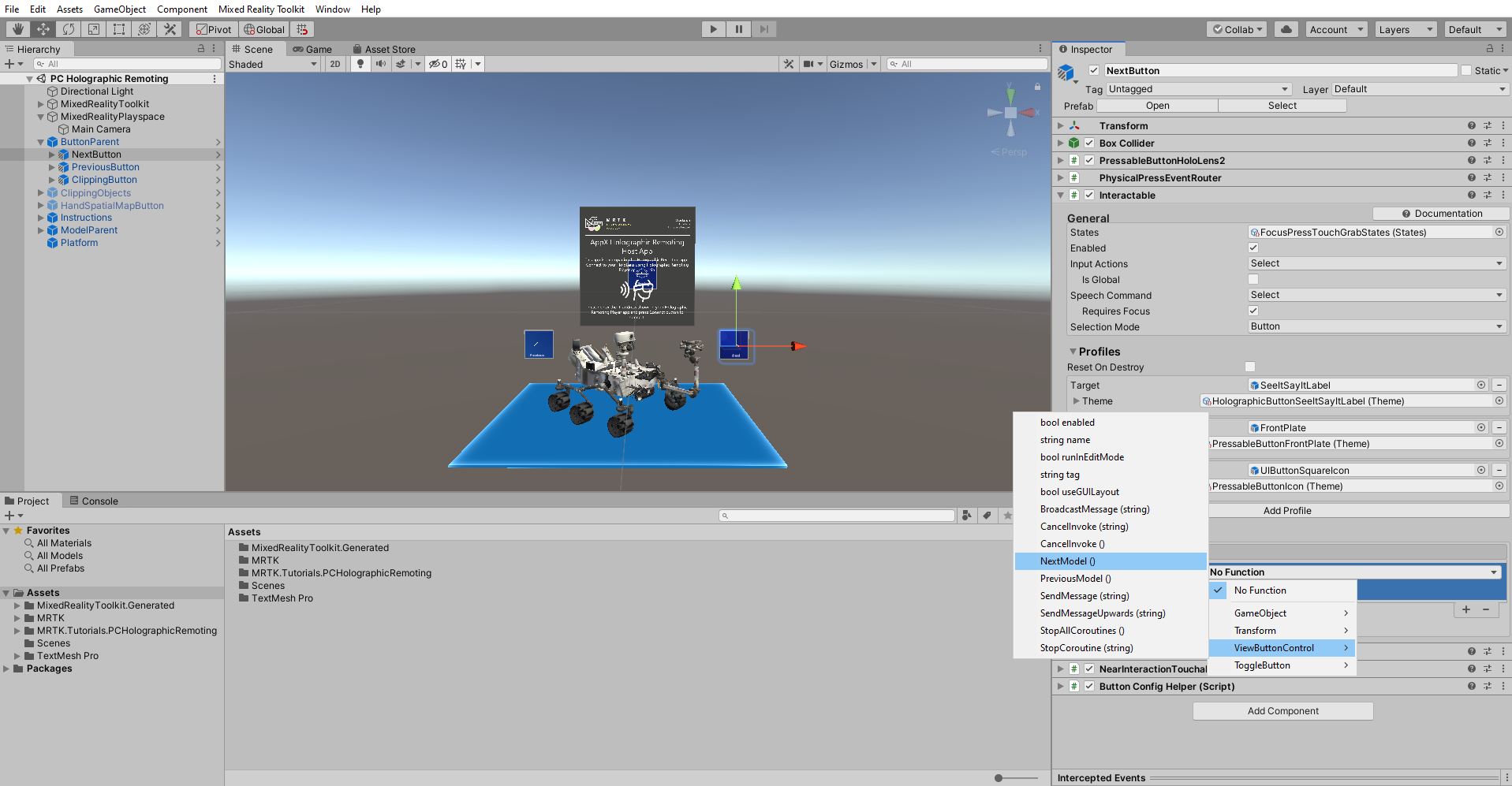 Screenshot of selecting ViewButtonControl and NextModel.