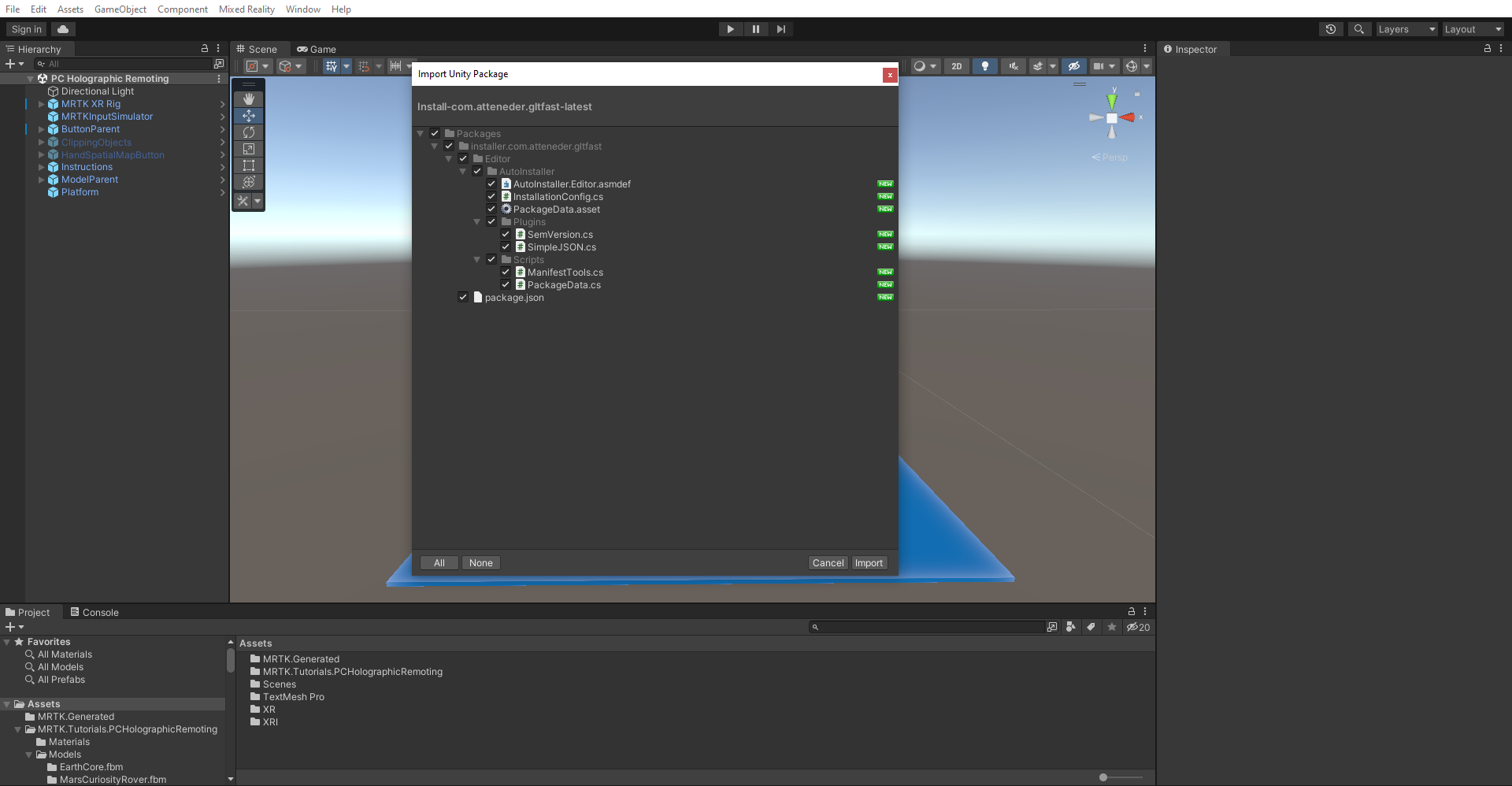 Screenshot of importing glTFast.