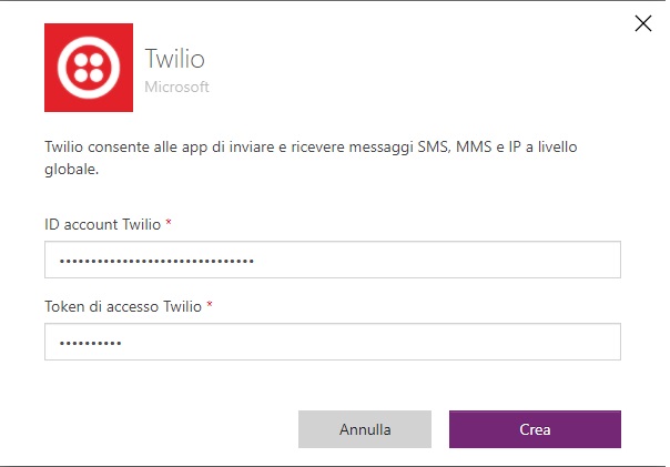 Screenshot della finestra di dialogo del connettore Twilio.