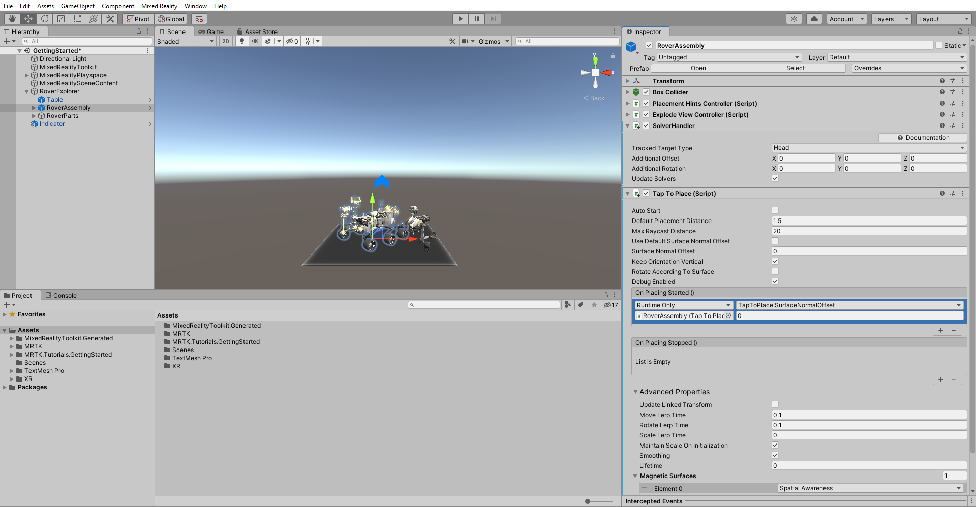 Screenshot che mostra l'evento On Placing Started di Tap To Place configurato.