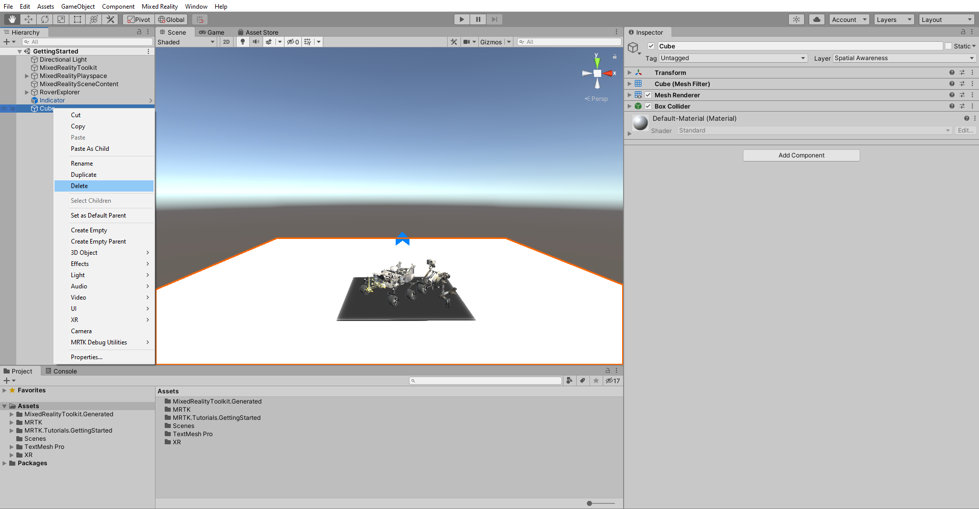 Screenshot che mostra come eliminare l'oggetto Cube temporaneo relativo al terreno.