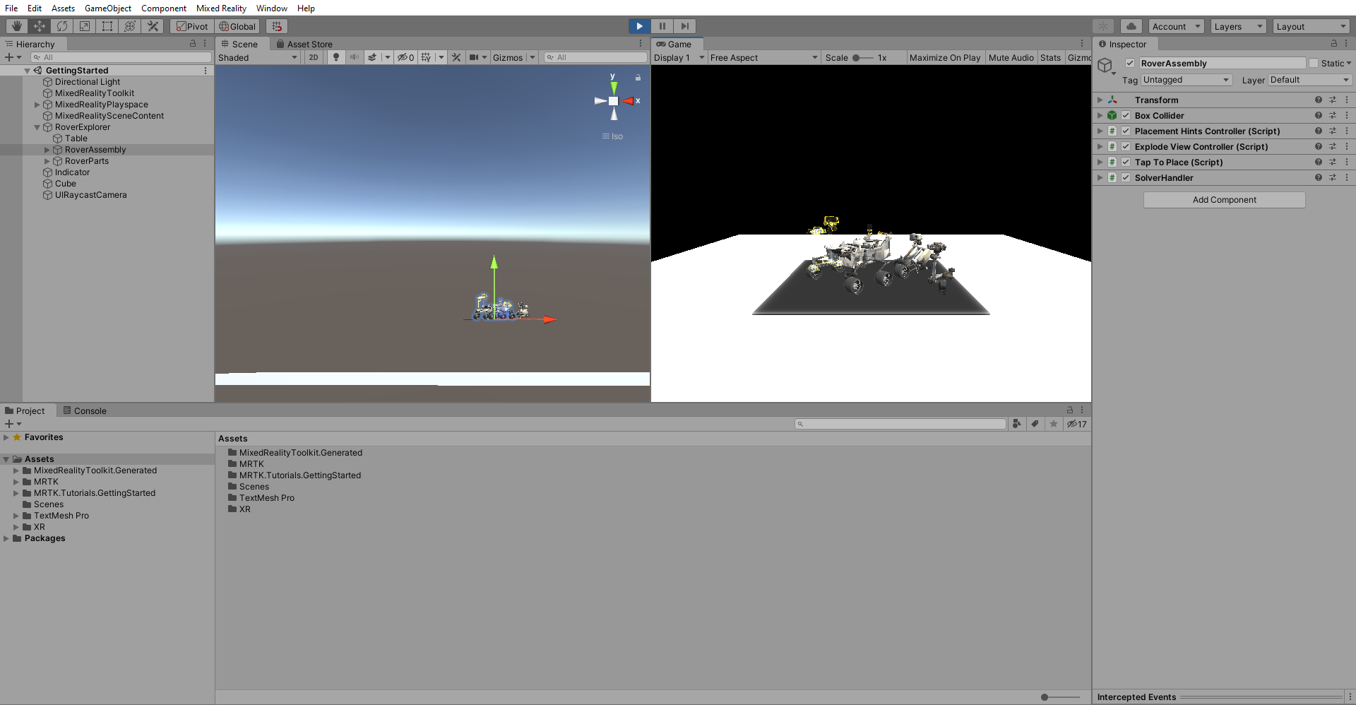 Screenshot che mostra la doppia visualizzazione in modalità di riproduzione, con lo sguardo fisso puntato sull'oggetto RoverAssembly.