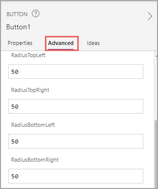 Screenshot del riquadro Proprietà per Pulsante in Power Apps con la scheda Avanzate evidenziata.