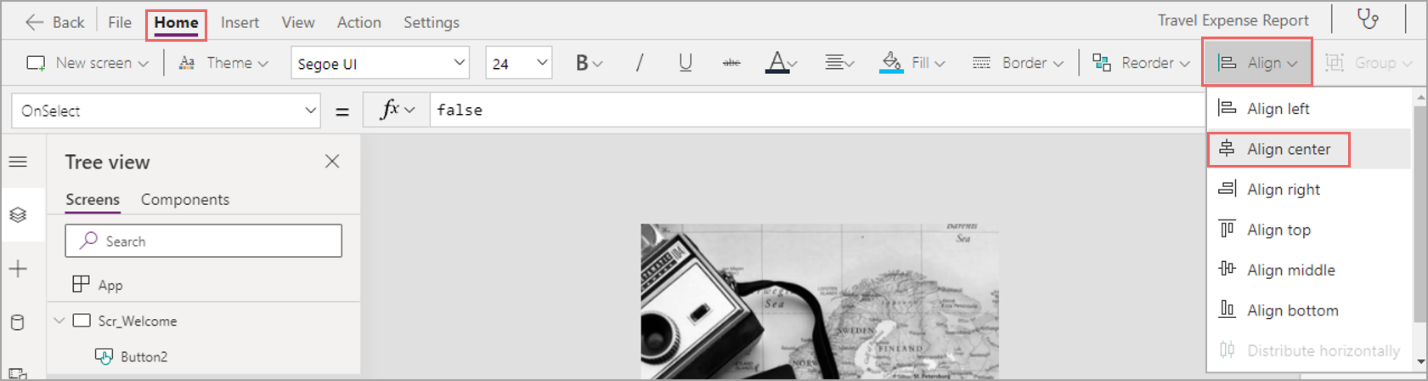 Screenshot della vista Home in Power Apps con il menu Allinea espanso e l'opzione Allinea al centro selezionata.