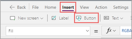 Screenshot della vista Inserisci in Power Apps con l'opzione Pulsante evidenziata.