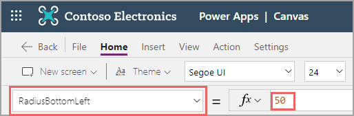 Screenshot del menu a discesa della proprietà in Power Apps impostato su RadiusBottomLeft, con la formula corrispondente impostata su 50.