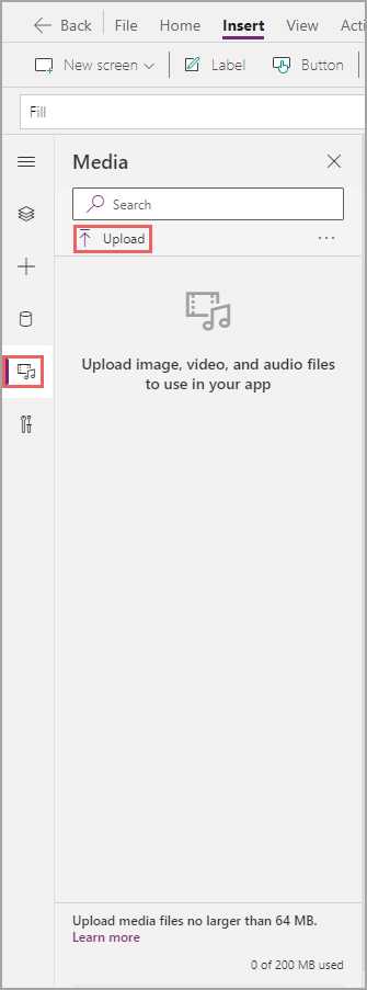 Screenshot della vista Elementi multimediali in Power Apps con il pulsante Carica evidenziato.