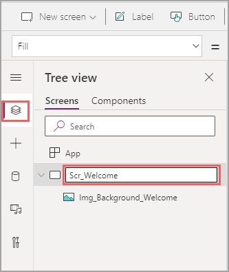 Screenshot della visualizzazione struttura ad albero in Power Apps che mostra il nuovo nome della schermata.
