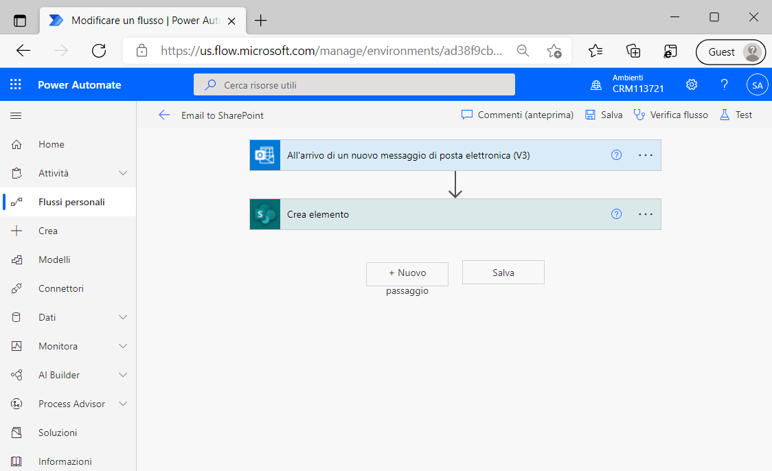 Screenshot del flusso di esempio di Power Automate con SharePoint.