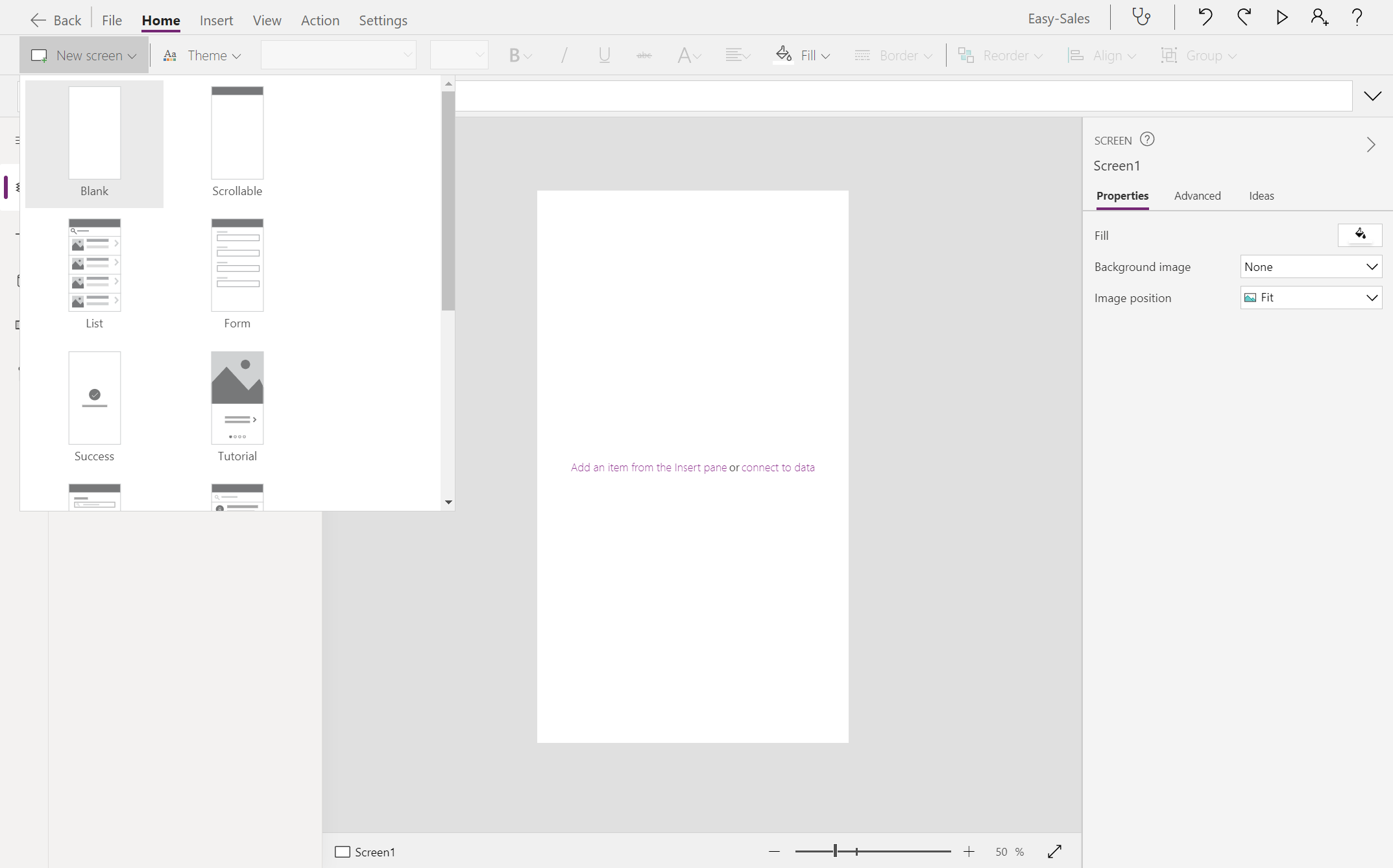 Screenshot della creazione della nuova schermata.