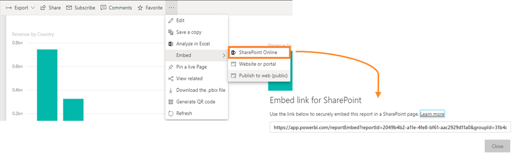 Screenshot delle istruzioni per incorporare un report in SharePoint Online.
