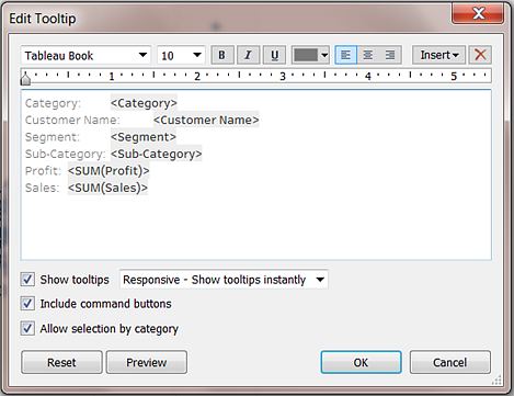 Screenshot che mostra come gli utenti di Tableau hanno il controllo di formattazione completo delle descrizioni comandi.