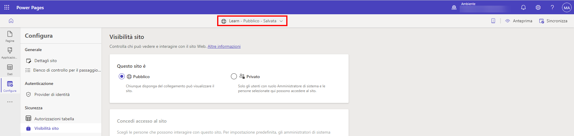 Screenshot dell'intestazione modificata in Pubblica.
