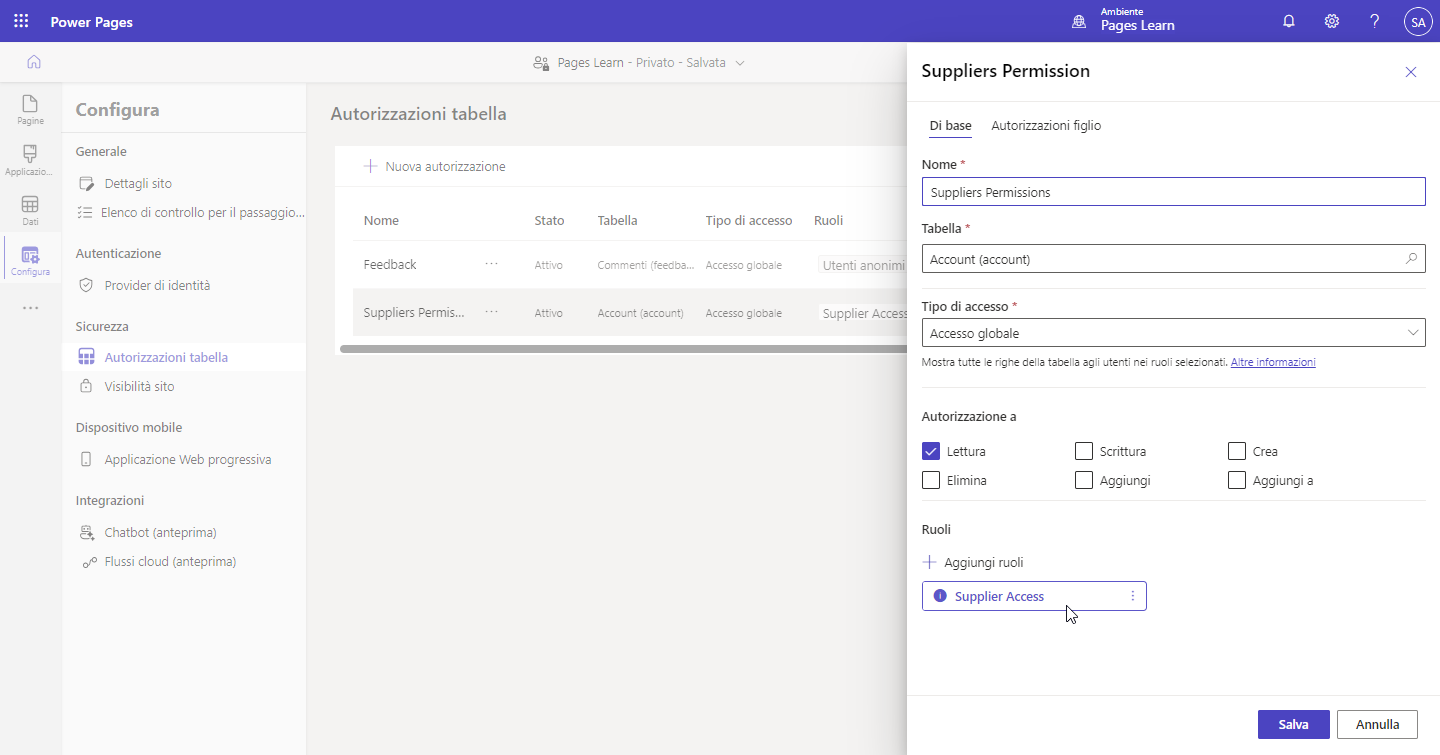 Screenshot della riga di autorizzazione della tabella Suppliers Permissions con il riquadro Proprietà aperto e il ruolo Suppliers visualizzato come associato alla riga di autorizzazione della tabella.