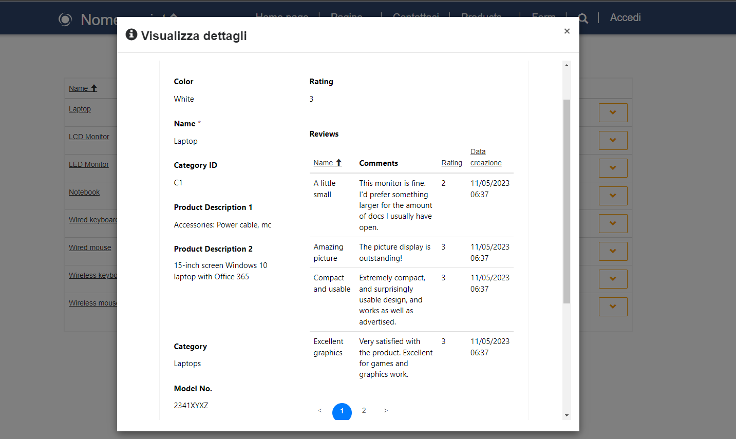 Screenshot del modulo di sola lettura con griglia secondaria.