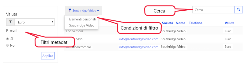 Screenshot delle funzionalità di ricerca e filtro nell'elenco.