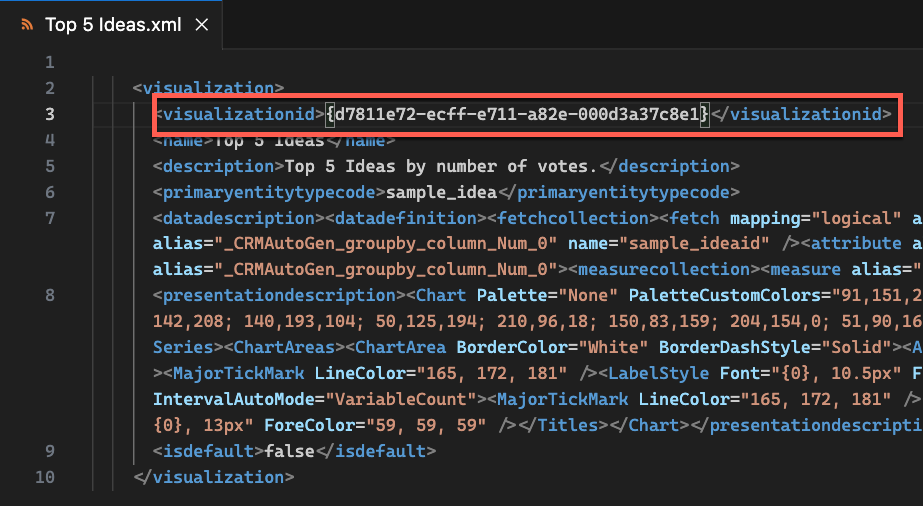 Screenshot di un editor di testo con il contenuto XML del grafico esportato e l'elemento visualizationid evidenziato.