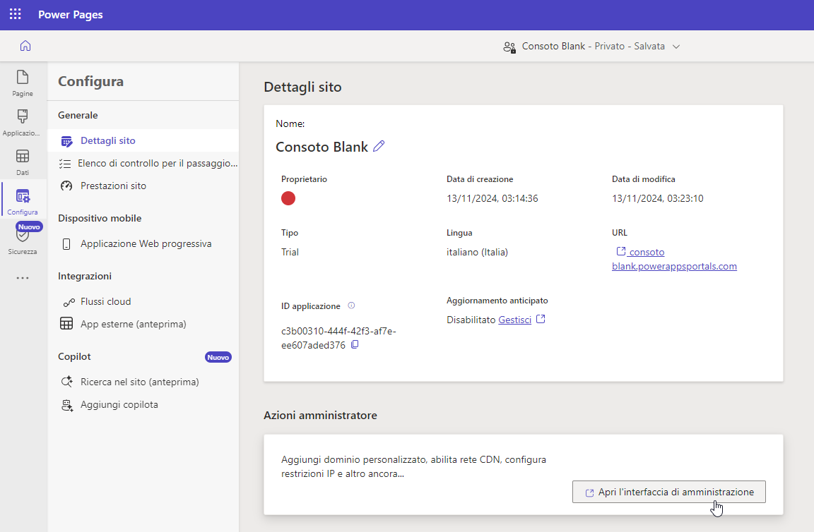Screenshot dell'accesso all'interfaccia di amministrazione di Power Pages da Power Pages design studio.