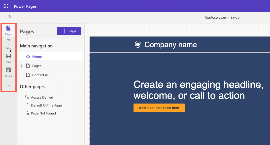 Screenshot di Power Pages Design Studio con aree di lavoro evidenziate.