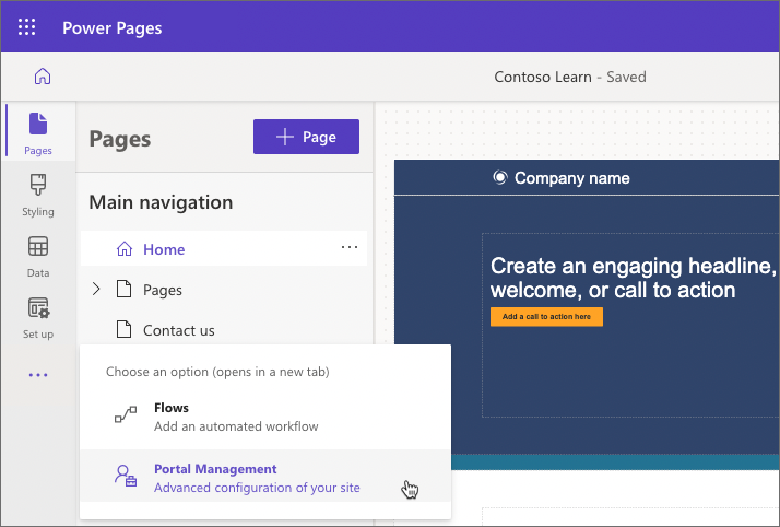 Screenshot dell'accesso alla gestione del portale da Power Pages Design Studio.