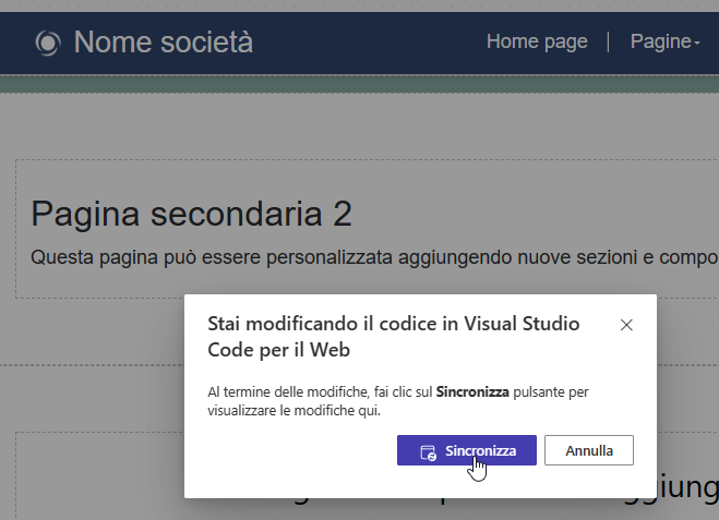 Screenshot di una richiesta di sincronizzazione del contenuto della pagina una volta completate le modifiche in Visual Studio Code per il Web