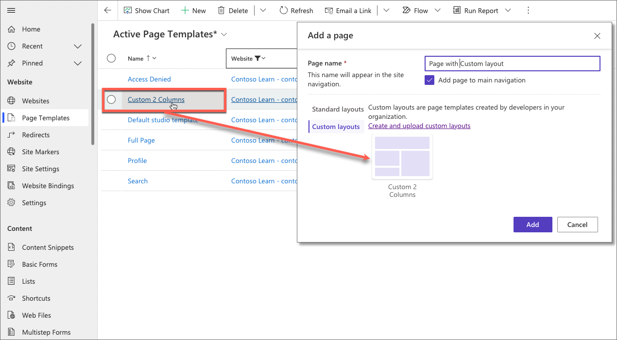 Screenshot del modello di pagina personalizzato disponibile come layout in Power Pages Design Studio.