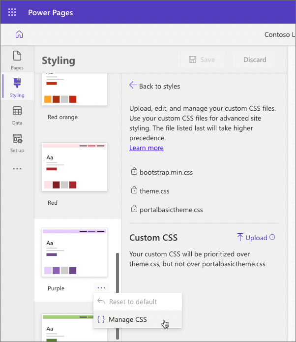 Screenshot dell'interfaccia di caricamento CSS personalizzata.